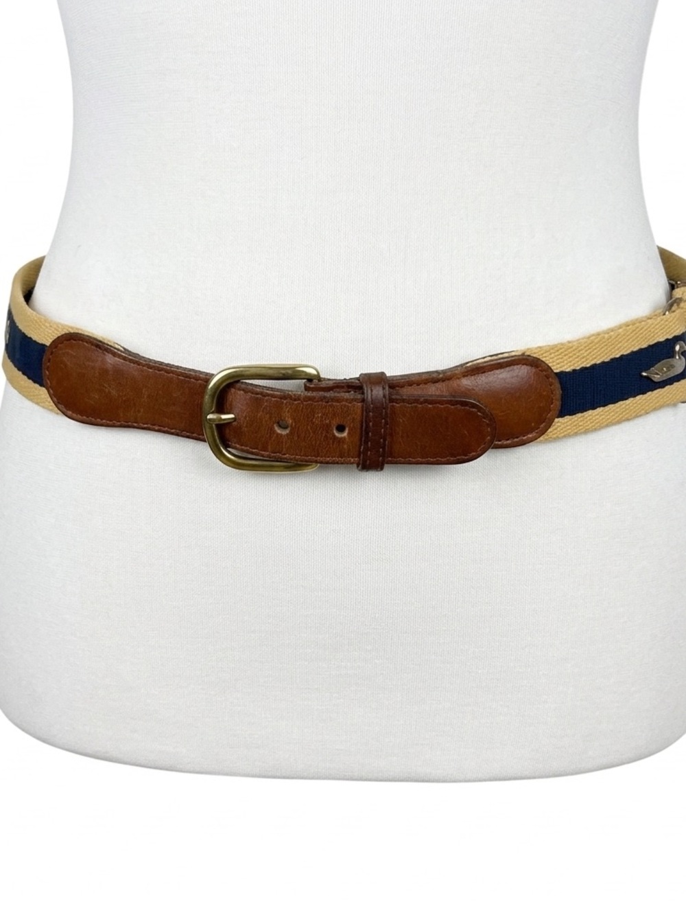 Vintage Pintail‎ Duck Canvas Surcingle Belt Navy Tan Striped Leather Brass Large